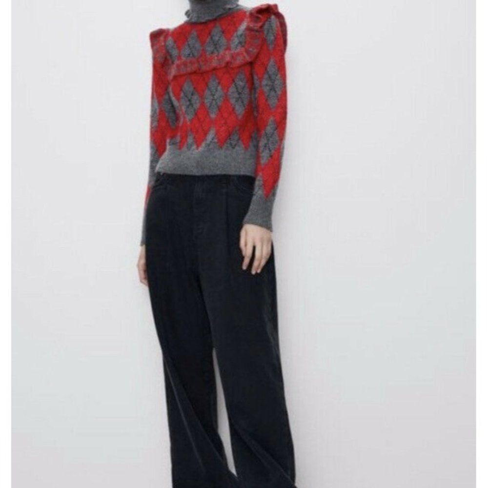 Zara Womens Argyle Sweater Turtleneck Ruffle Gray Red S Small NWT - Picture 2 of 8